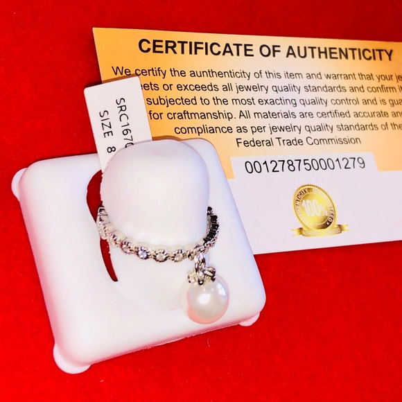 14k White Gold Vermeil Dangle Pearl ring, Natural pearl Charm Ring, Pearl Dangle - Picture 3 of 6